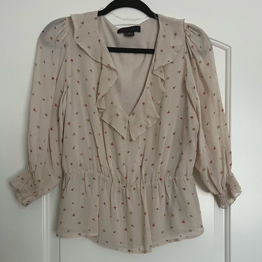 Sanctuary Emilia ruffle peplum blouse ivory floral XS